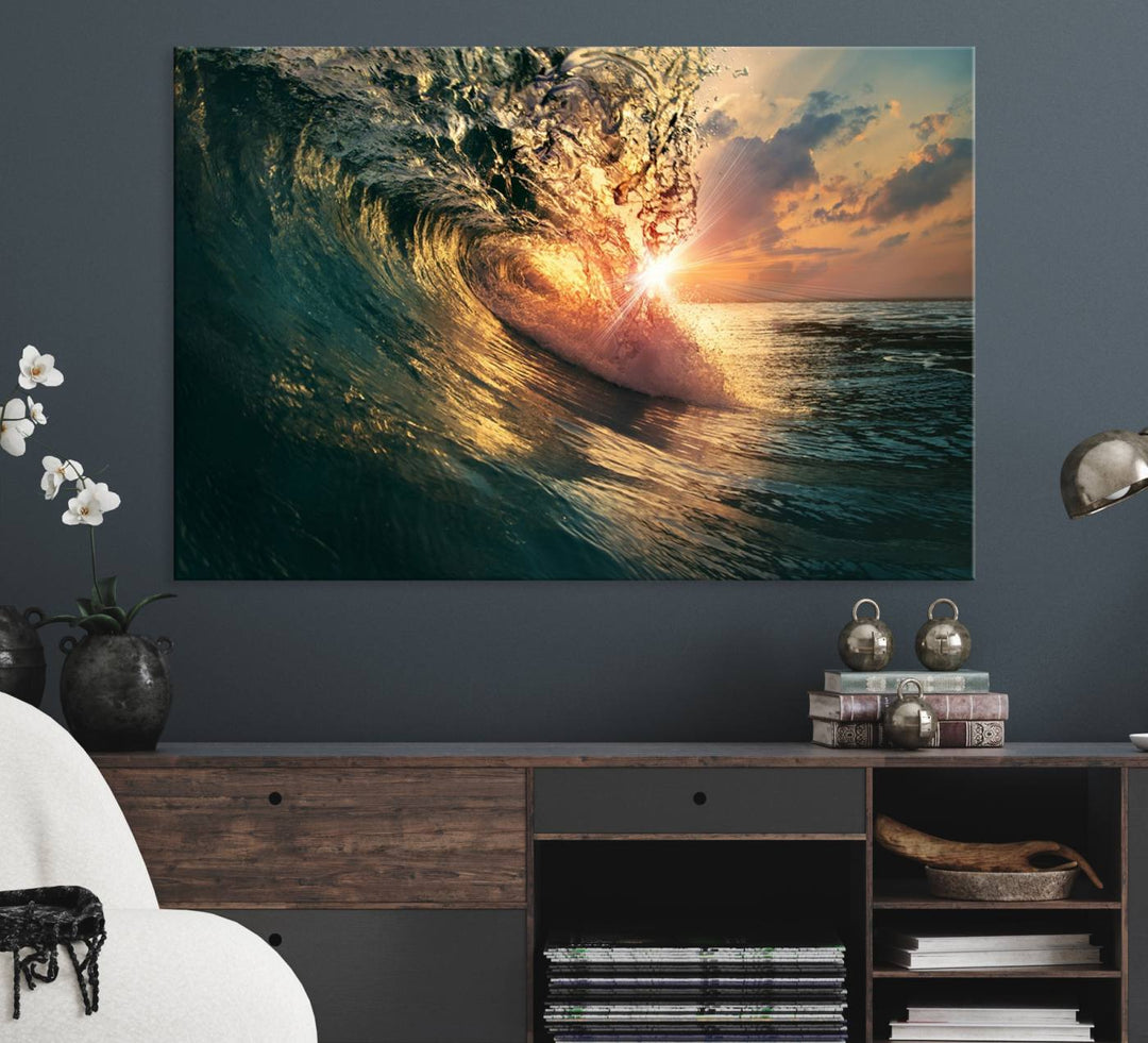 A triptych seascape titled Ocean Wave Sunset Canvas, featuring a stunning ocean view at sunset, is beautifully framed and ready to hang.