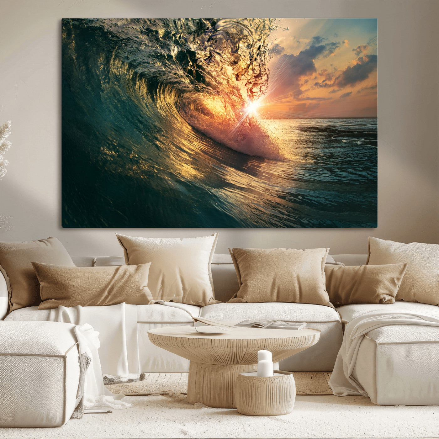 MGV-CV-36X24 - Ocean Wave Sunset Canvas Wall Art – Triptych Seascape Print – Framed and Ready to Hang for Living Room or Office