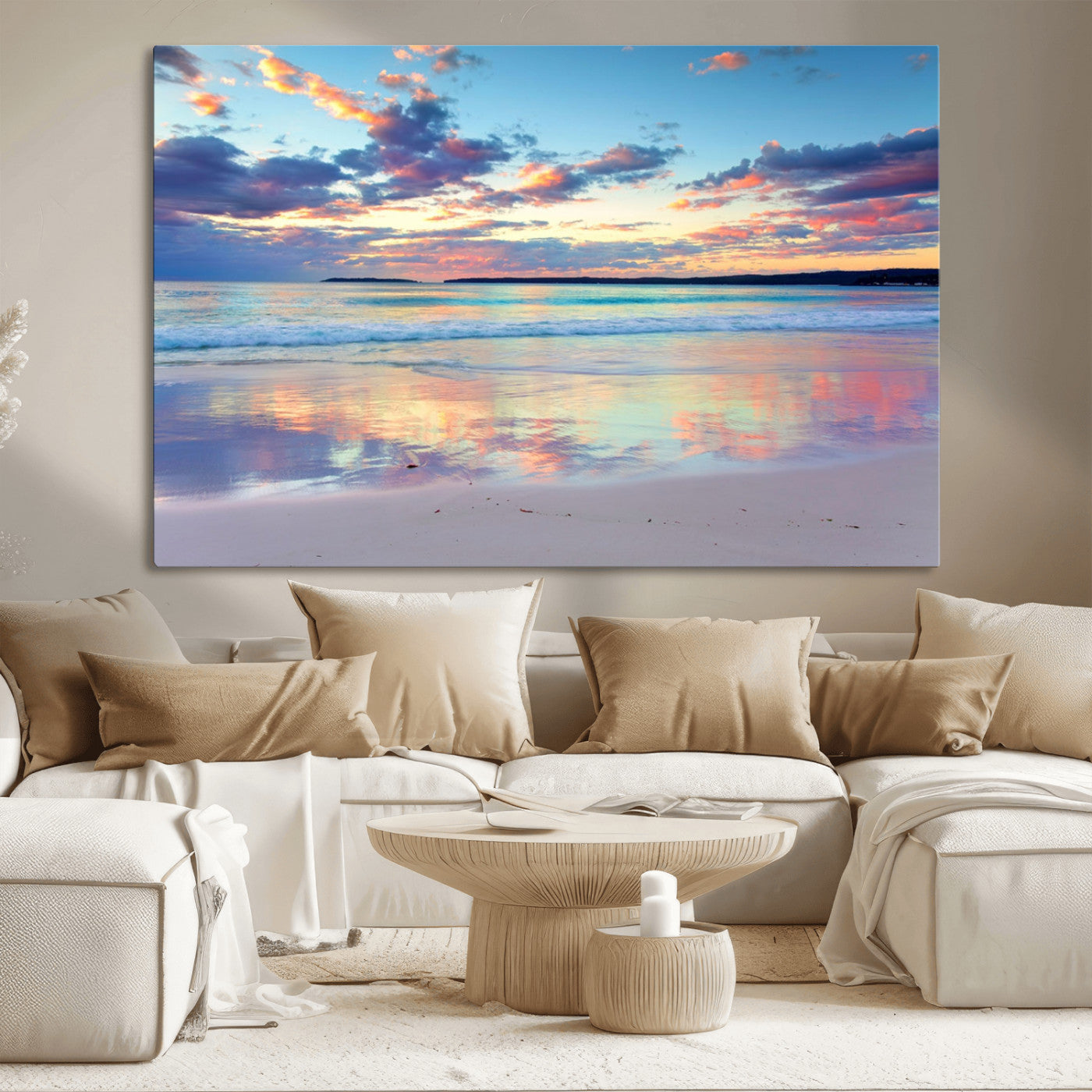 MGV-CV-36X24 - Tranquil Pastel Sunset Beach Triptych Canvas Art, Soothing Coastal Ocean Shoreline Giclee Print, Beach Reflections Wall Decor for Serene Spaces