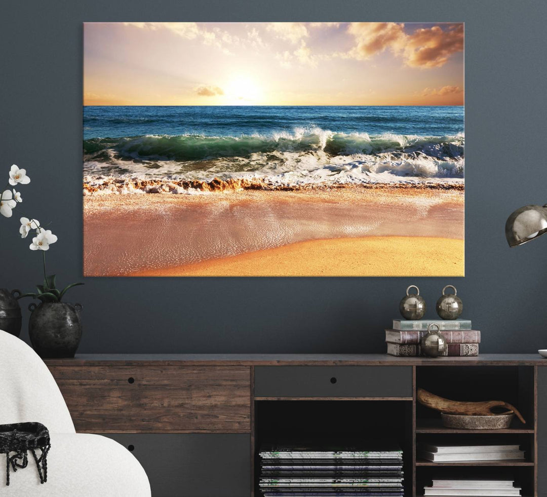 The wall features a Canon-quality Serene Beach Path canvas giclee print, depicting coastal dunes.