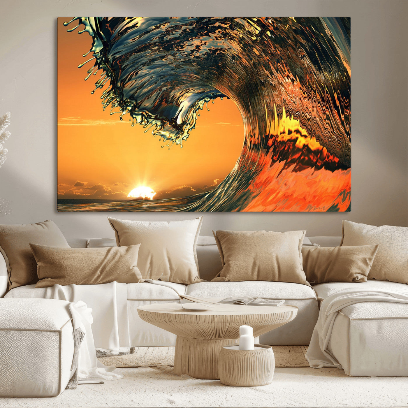 MGV-CV-36X24 - Surf Wave Sunset Canvas Wall Art Print, 3-Panel Ocean Coastal Wall Art Print, Ocean Decor for Coastal Homes, Living Room, Farmhouse Wall Decor