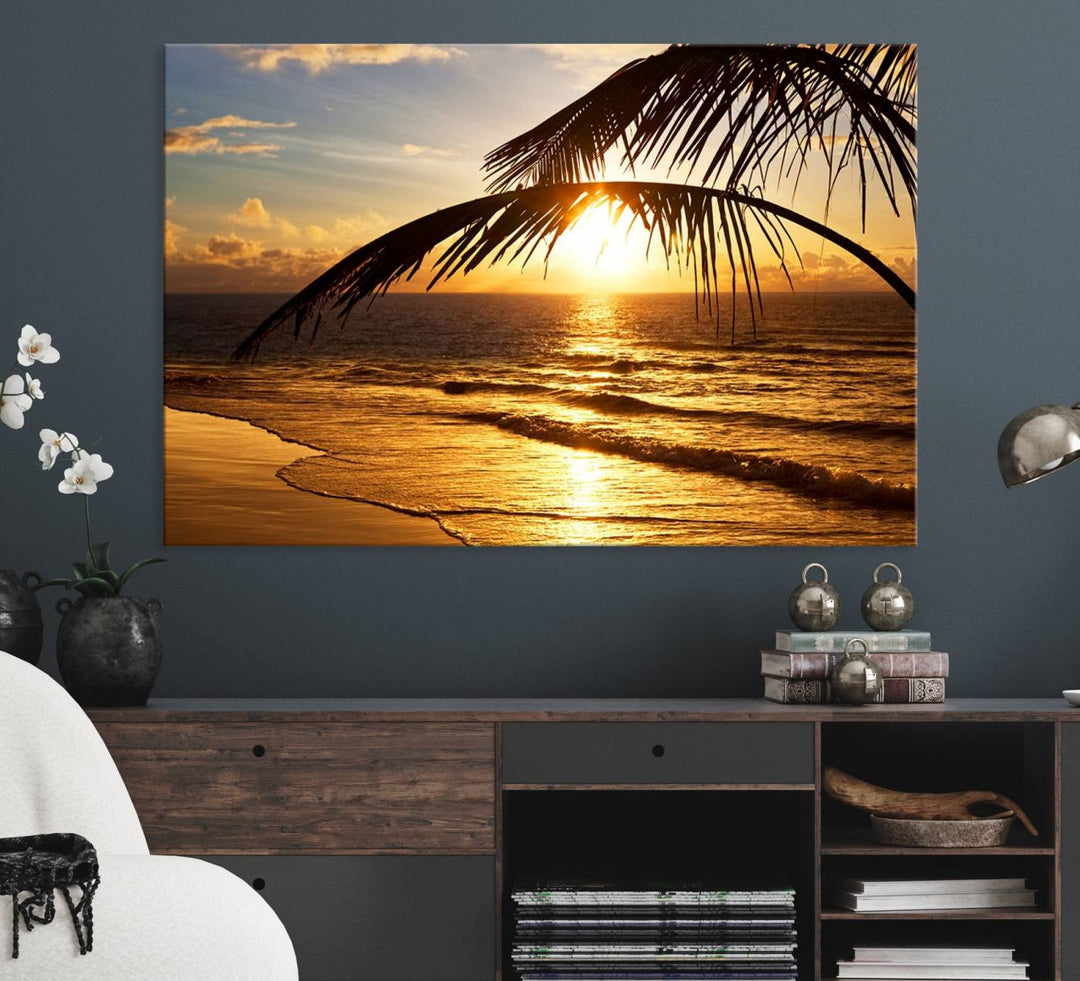 Golden Tropical Beach Sunset Canvas Triptych: Coastal Palm Art & Giclee Print with Gallery Wrap, capturing golden waves.