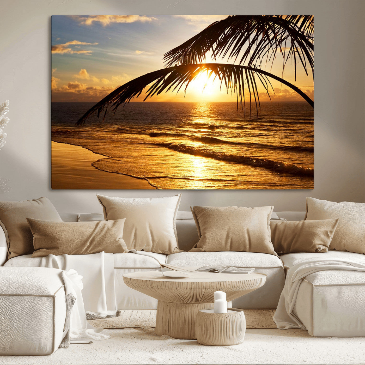 MGV-CV-36X24 - Golden Tropical Beach Sunset Canvas Triptych, Coastal Palm Tree Wall Art, Ocean Shoreline Giclee Print with Gallery Wrap