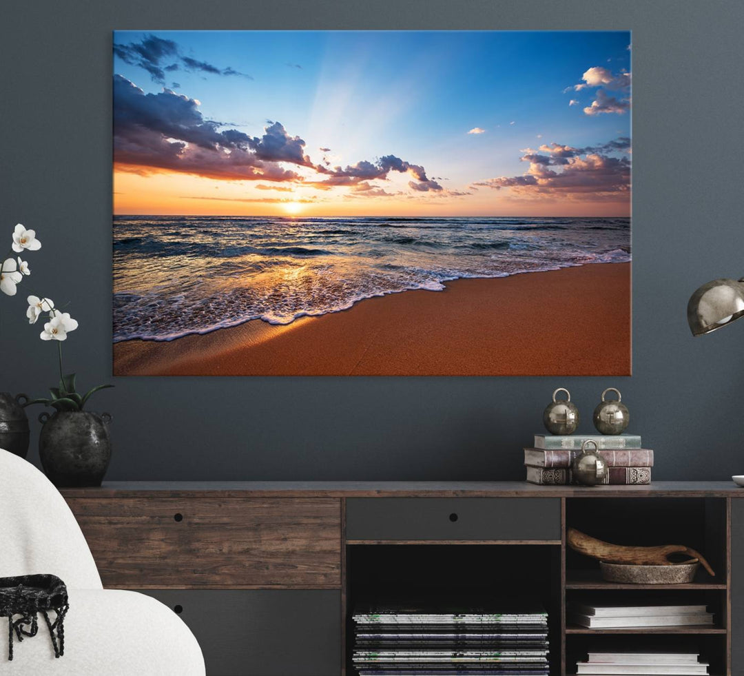 The living room showcases a Serene Ocean Sunset Canvas Print.