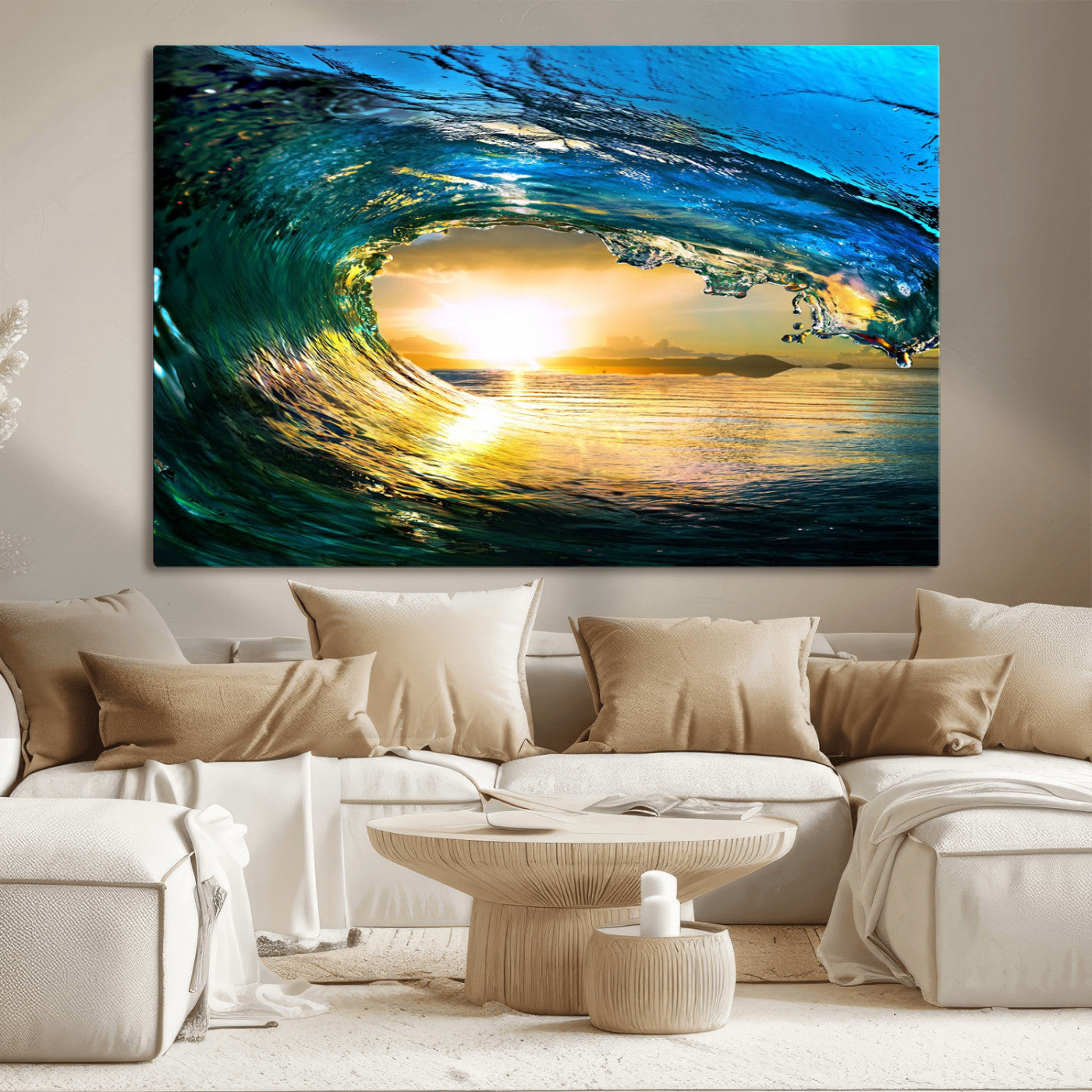 MGV-CV-36X24 - Ocean Wave at Sunset Canvas Art, Large Wall Print of Vibrant Water Waves, Coastal Art for Living Room and Dining Room