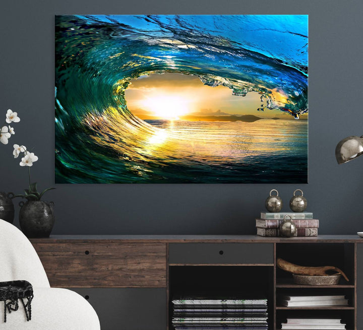 The Ocean Wave at Sunset Canvas Art exudes a coastal vibe.