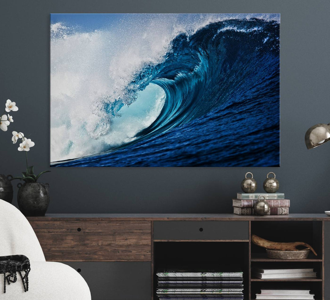 Ocean Wave at Sunset Canvas: A vibrant coastal art piece perfect for modern minimalist decor.