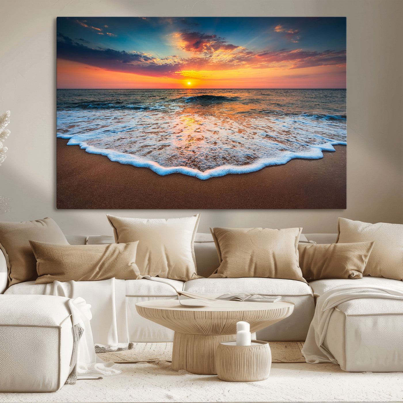 MGV-CV-36X24 - Sunset Beach Canvas Wall Art – Colorful Ocean Waves Triptych – Coastal Decor for Living Room or Bedroom – Framed and Ready to Hang