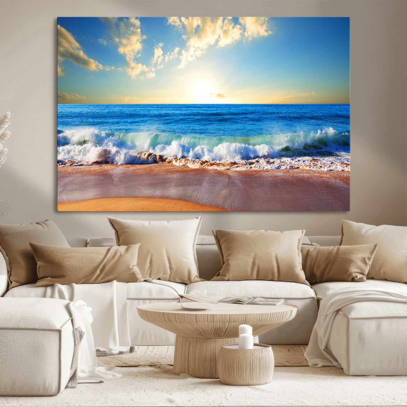 MGV-CV-36X24 - Tropical Beach Sunset Canvas Art, Ocean Waves and Sandy Shoreline Wall Art, Large Beach Decor for Coastal Homes