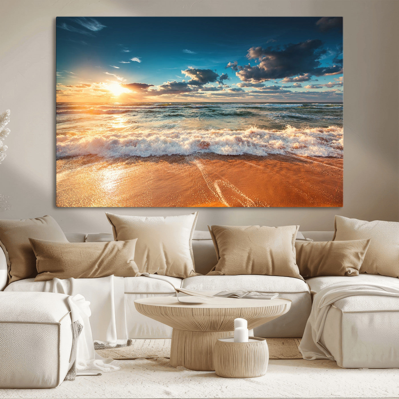 MGV-CV-36X24 - Golden Sunset Beach Triptych Canvas Art, Giclee Coastal Wall Decor, Ocean Waves Print, Modern Beach Scene for Home or Office