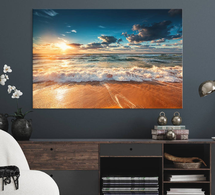 A Golden Sunset Beach Triptych Canvas Art hangs on a white wall.