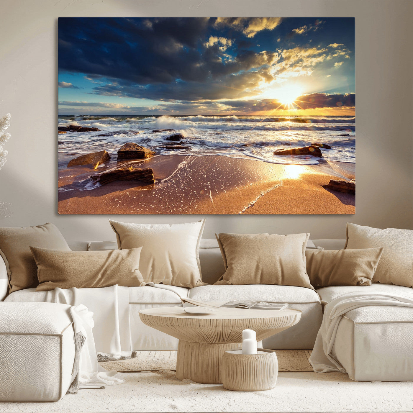 MGV-CV-36X24 - Golden Hour Beach Sunset Canvas Triptych, Ocean Waves and Rocks Wall Art for Coastal Home Decor
