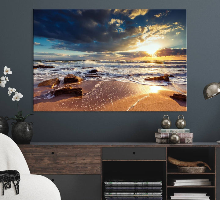 The Golden Hour Beach Sunset triptych adorns the wall with its captivating imagery.