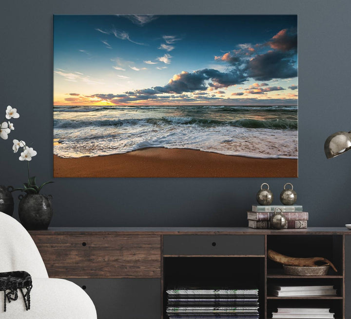 Ocean Beach Wall Art Canvas Print hangs prominently.