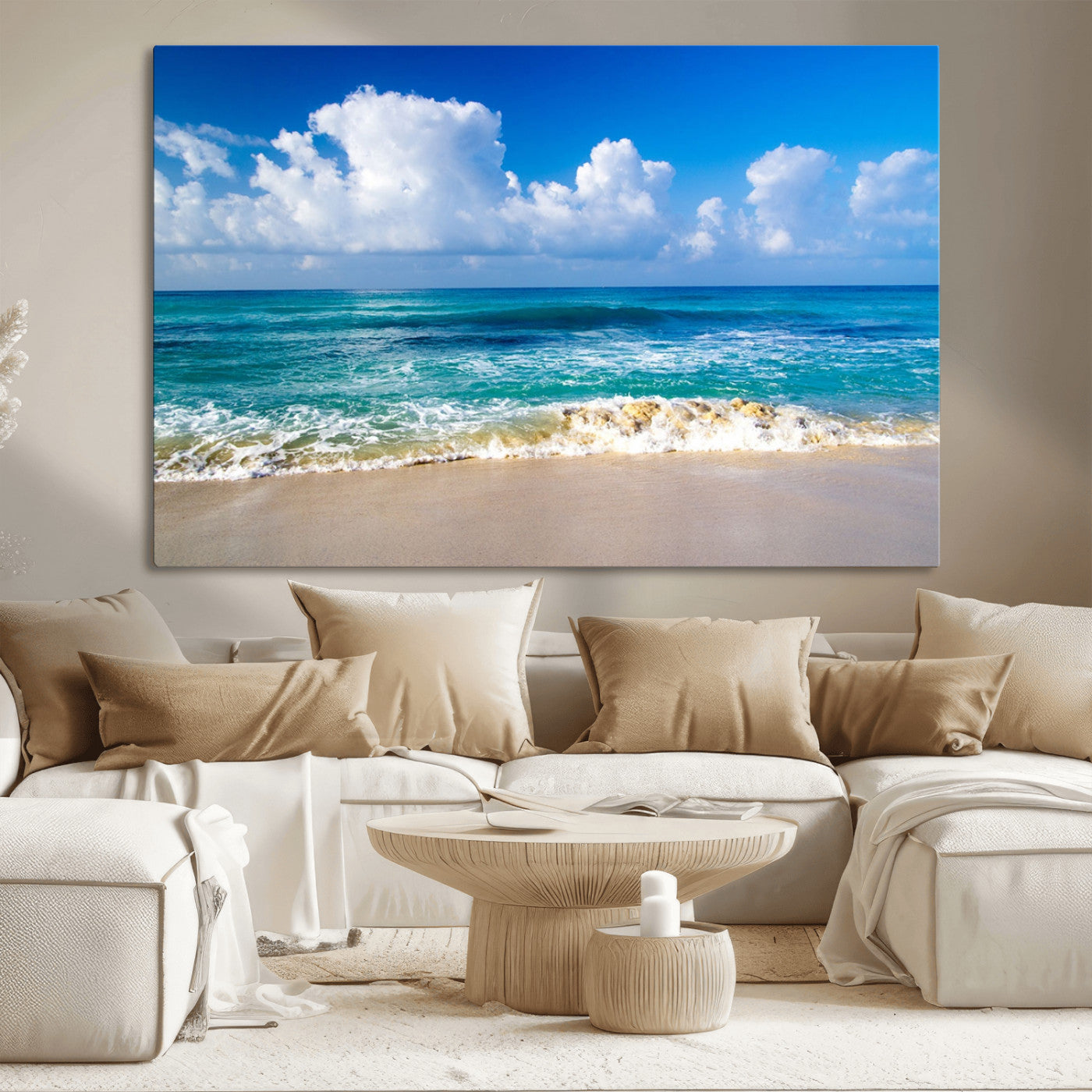 MGV-CV-36X24 - Tropical Beach 3-Panel Canvas Wall Art – Serene Ocean Waves and Blue Sky – Giclée Print for Living Room, Office, or Bedroom Coastal Decor