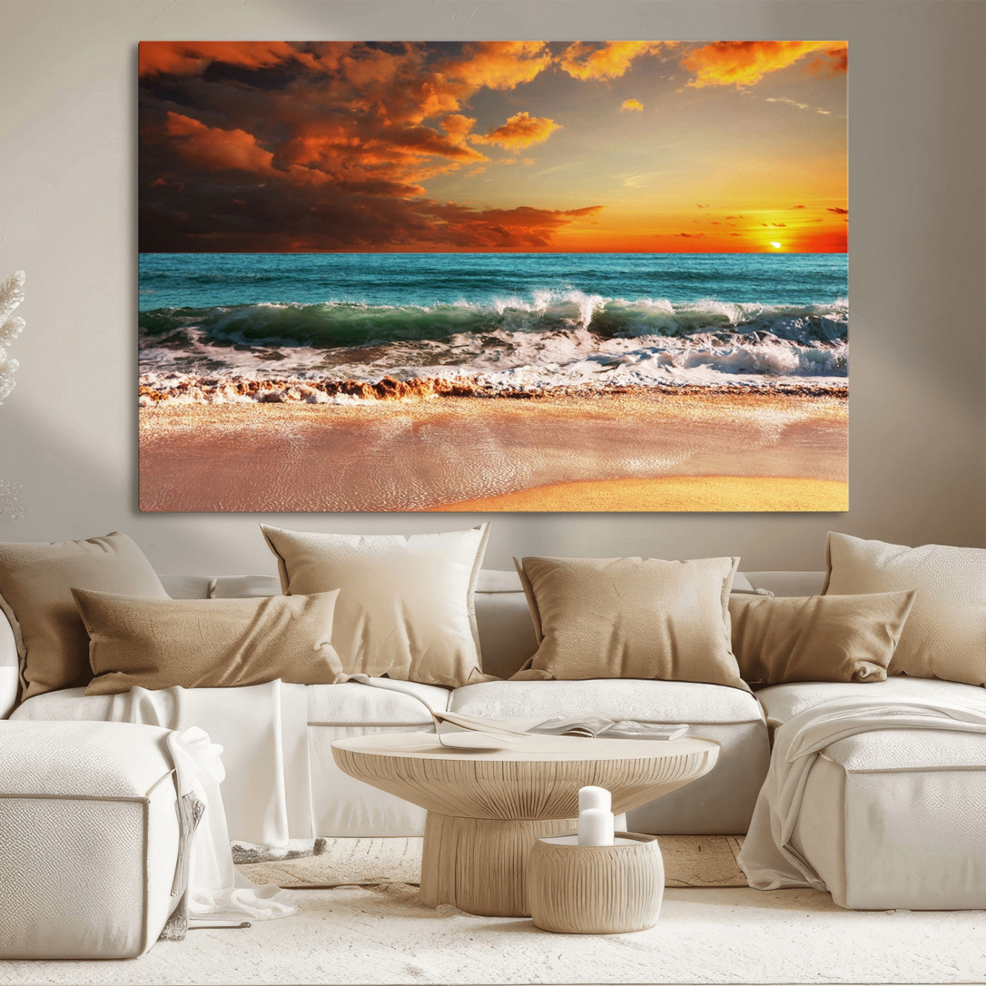MGV-CV-36X24 - Golden Sunset Beach Canvas Wall Art – Triptych Seascape Print – Framed and Ready to Hang for Living Room or Office