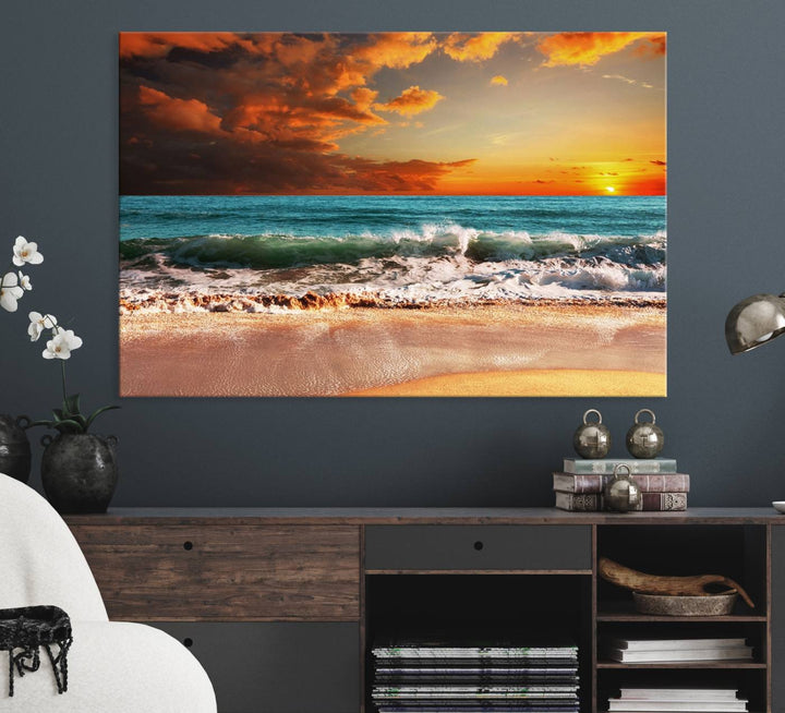 A Golden Sunset Beach triptych seascape canvas hangs on the wall.