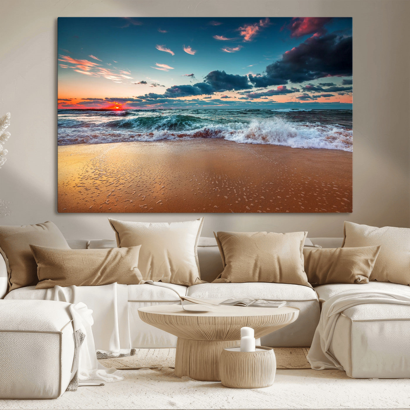 MGV-CV-36X24 - Sunset Ocean Beach Wall Art – Giclee Canvas Print, Coastal Seascape, Ready to Hang, Beach Decor, Large 3-Panel Set for Living Room