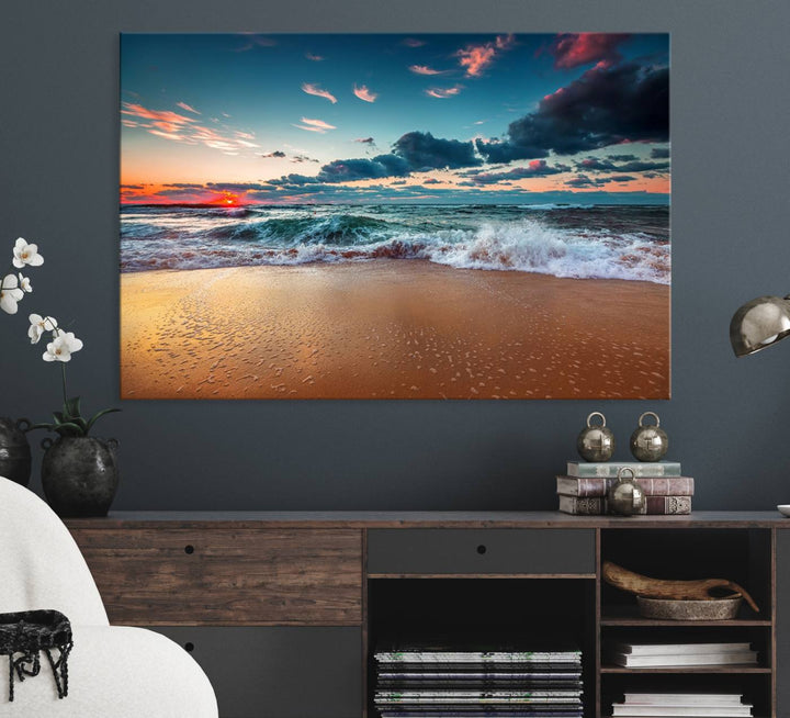 A large 3-panel sunset ocean beach canvas is displayed above the counter.