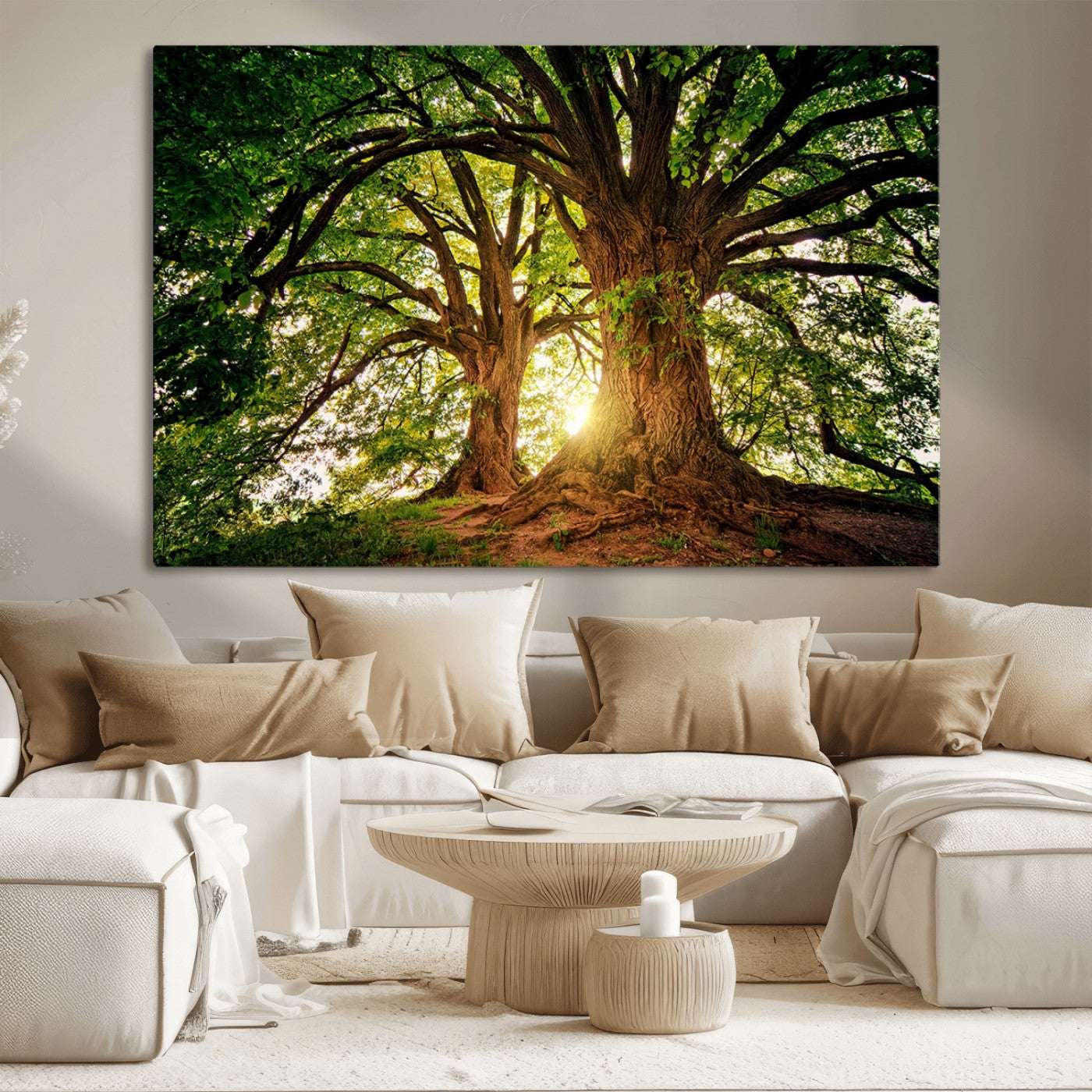 MGV-CV-36X24 - Majestic Ancient Tree Wall Art, Nature-Inspired Canvas Print, Woodland Art, Tree of Life Artwork, Sunlit Forest, Giclee Nature Print