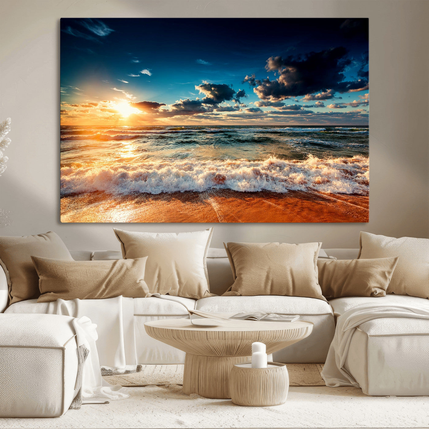 MGV-CV-36X24 - Golden Hour Sunset Over Ocean Waves Wall Art Canvas Print | 3 Panel Coastal Landscape Canvas Wall Art – Stunning Beach Photography Print