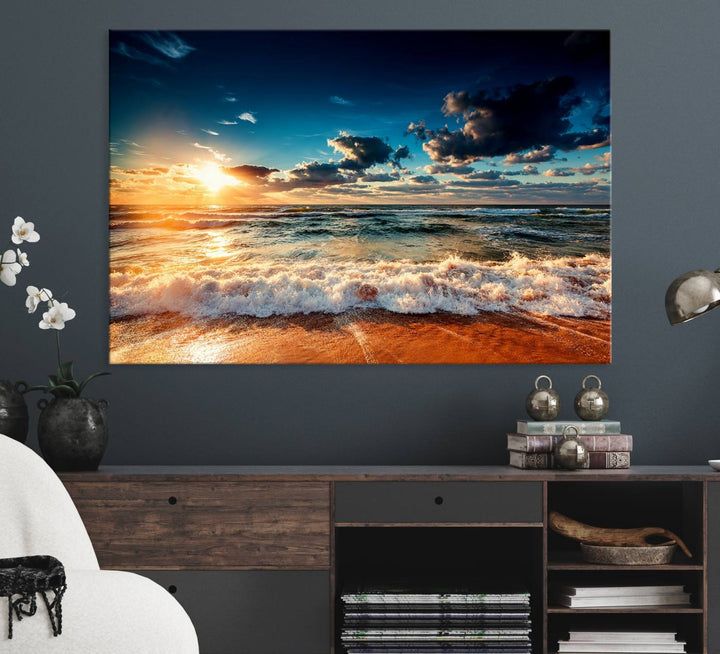 Golden Hour Sunset Over Ocean Waves Canvas: 3-Panel Coastal Landscape Art with Stunning Beach Photography Print.