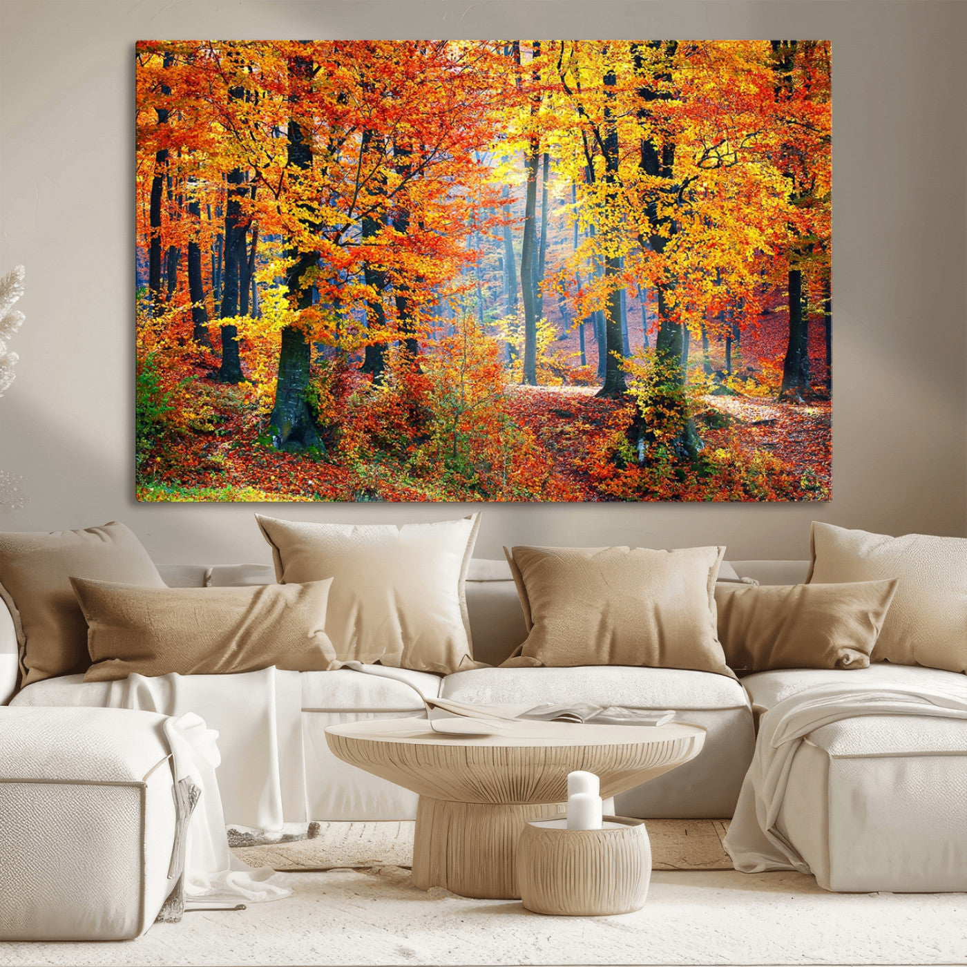 MGV-CV-36X24 - Autumn Red Forest Triptych Canvas Wall Art Print, Forest Wall Decor, Fall Landscape Art | Season Nature Landscape for Home or Office