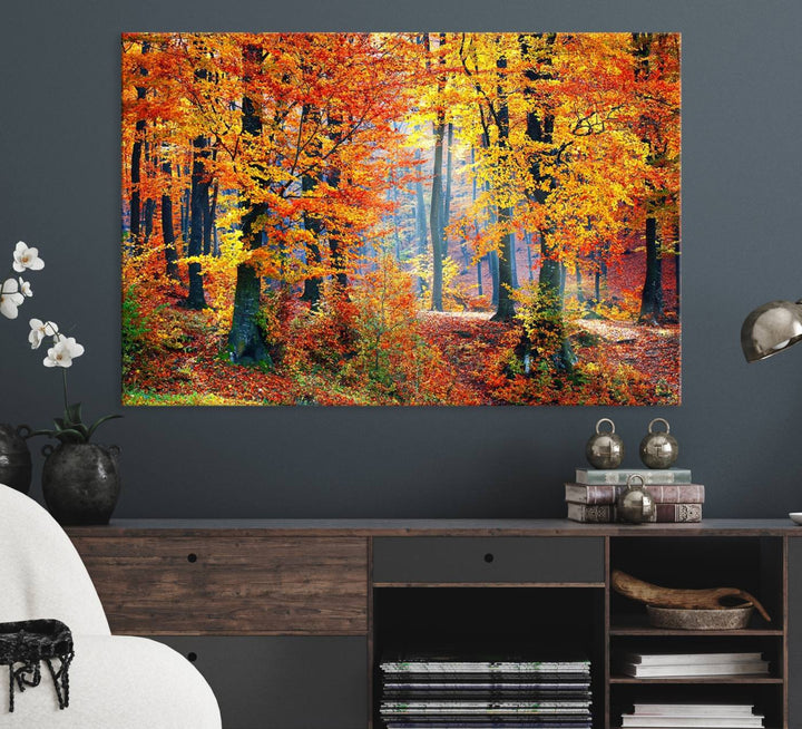 The room features an Autumn Red Forest Triptych Canvas Wall Art.