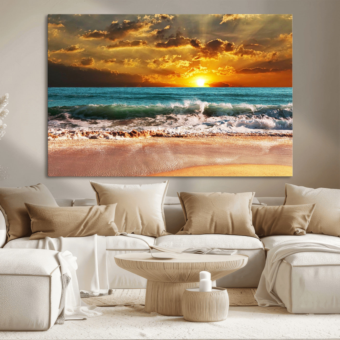 MGV-CV-36X24 - Golden Sunset Beach Canvas Wall Art – Triptych Seascape Print – Framed and Ready to Hang for Living Room or Office