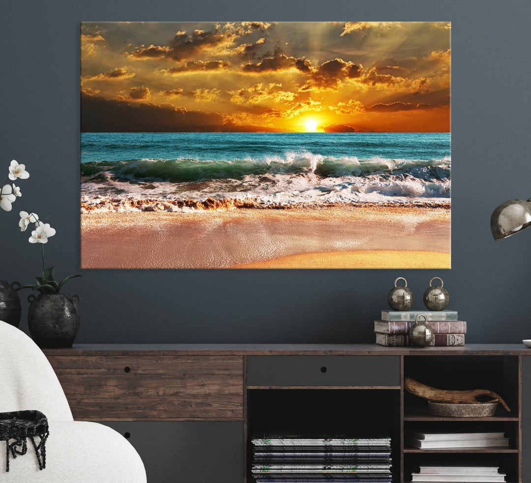 Golden Sunset Beach Canvas Triptych adorns the cozy room, creating a stunning focal point.