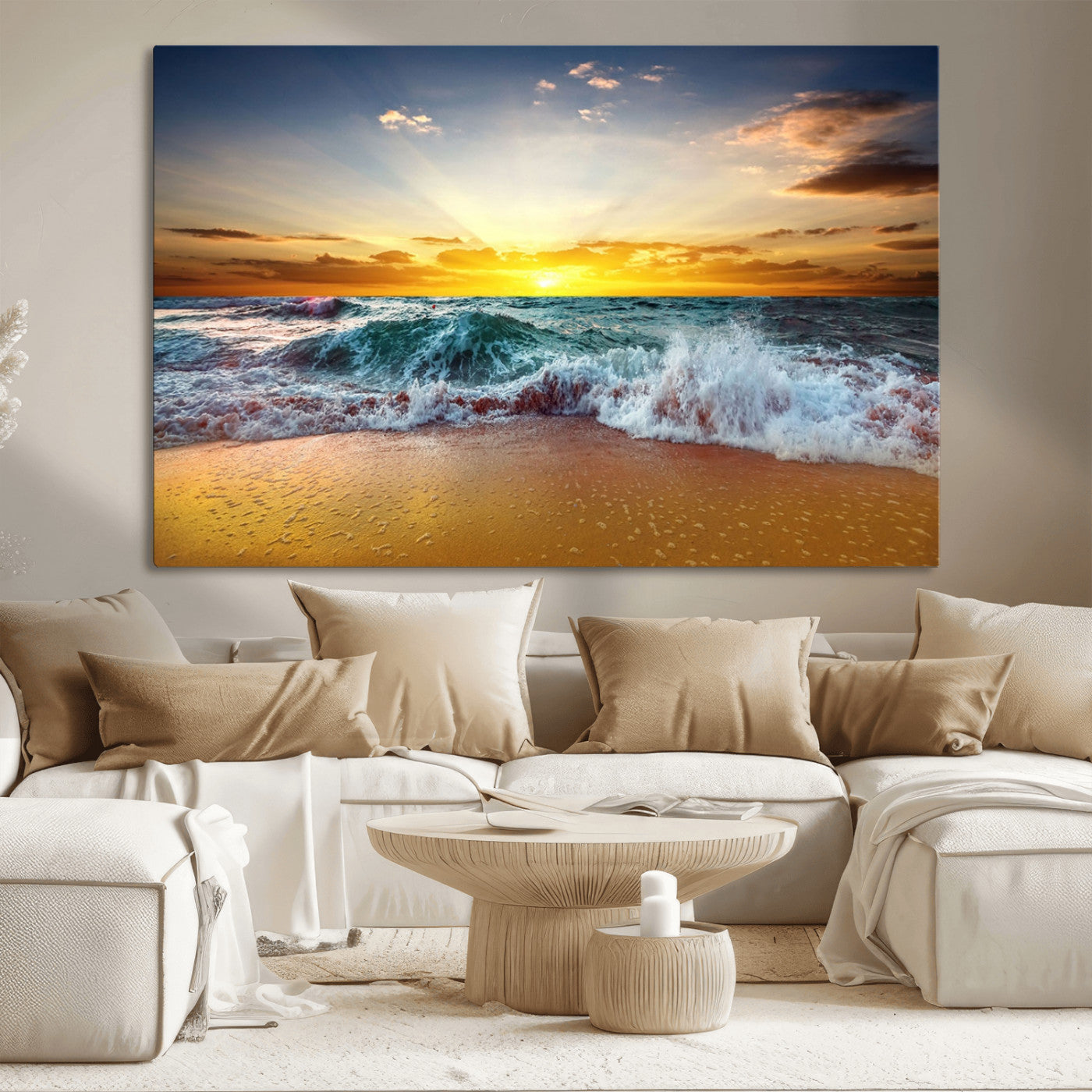 MGV-CV-36X24 - Golden Sunset Ocean Waves Wall Art Canvas Print – Multi Panel Beach Canvas Print Set – Large Coastal Triptych Print for Home or Farmhouse Decor
