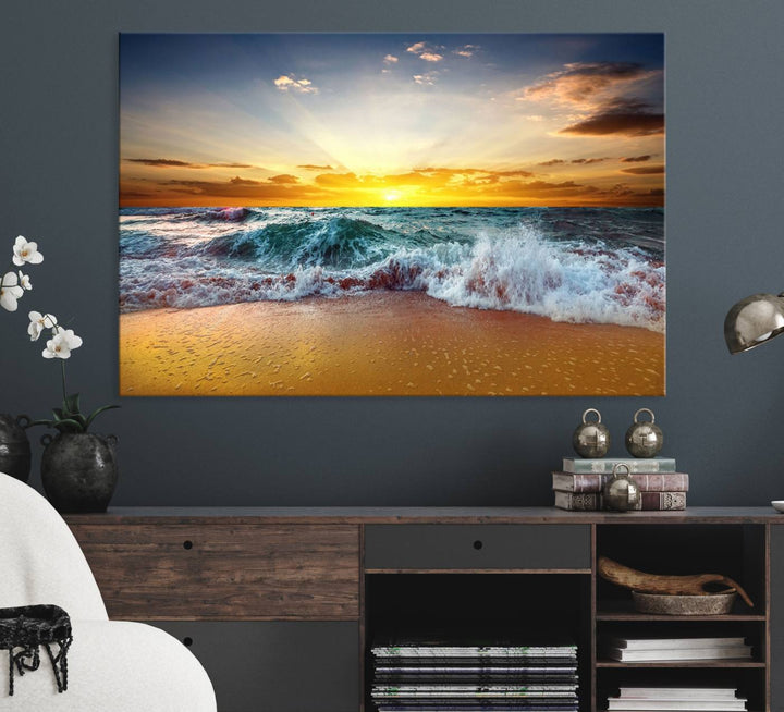 The kitchen features the Golden Sunset Ocean Waves multi-panel coastal wall art canvas.