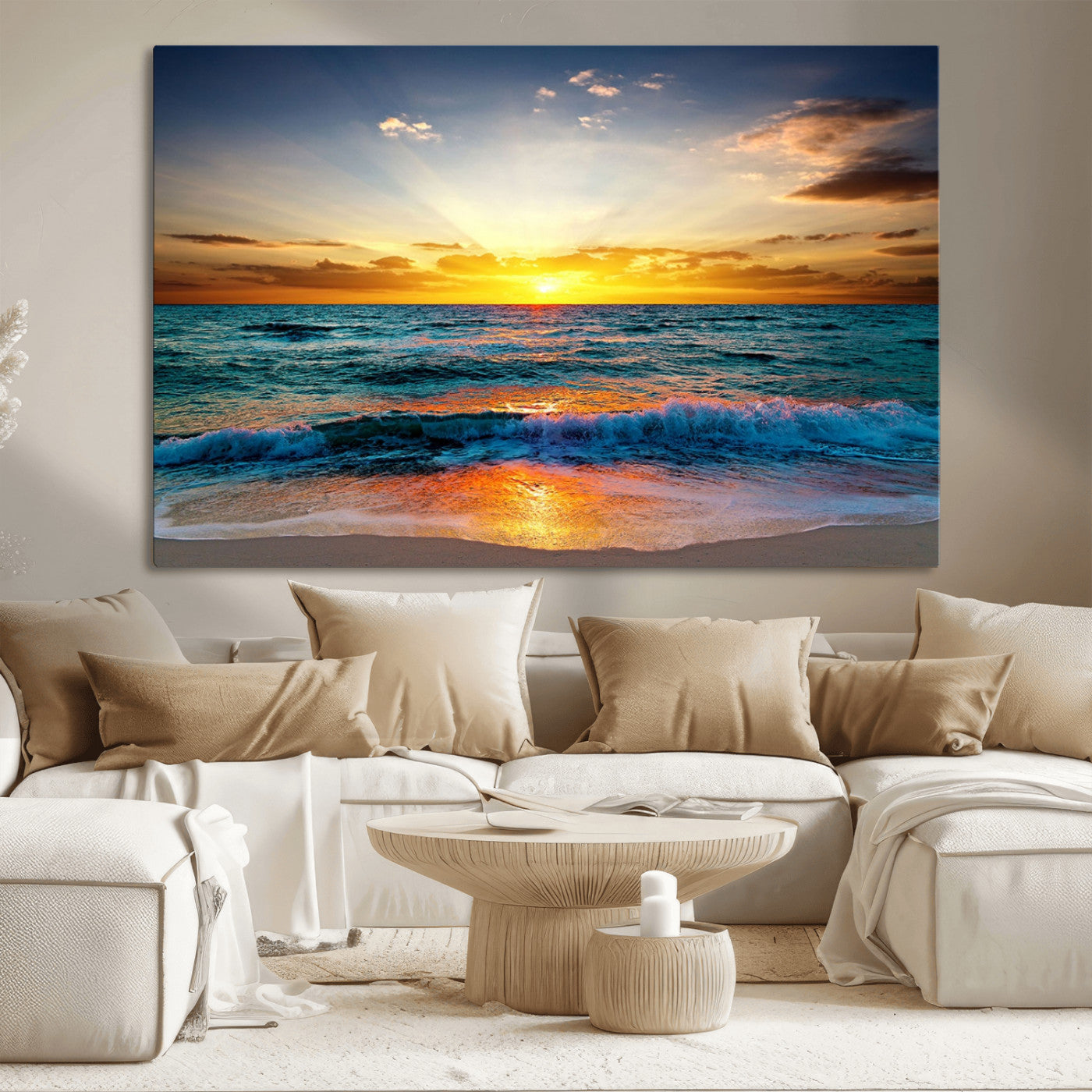 MGV-CV-36X24 - Vibrant Ocean Sunrise Over Golden Beach Waves, Giclee Canvas Wall Art Set, High-Quality Stretched Canvas Print, Ready to Hang Coastal Sunset Wall