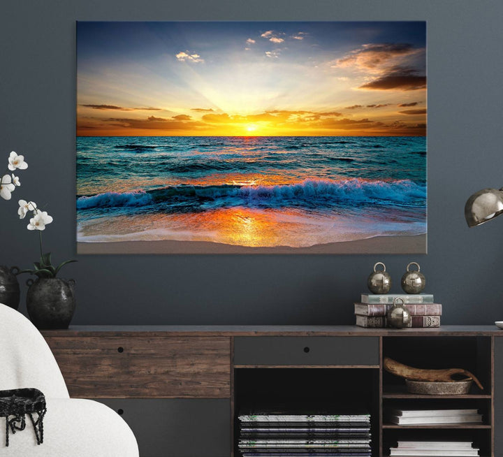 A kitchen dining area with coastal wall art.