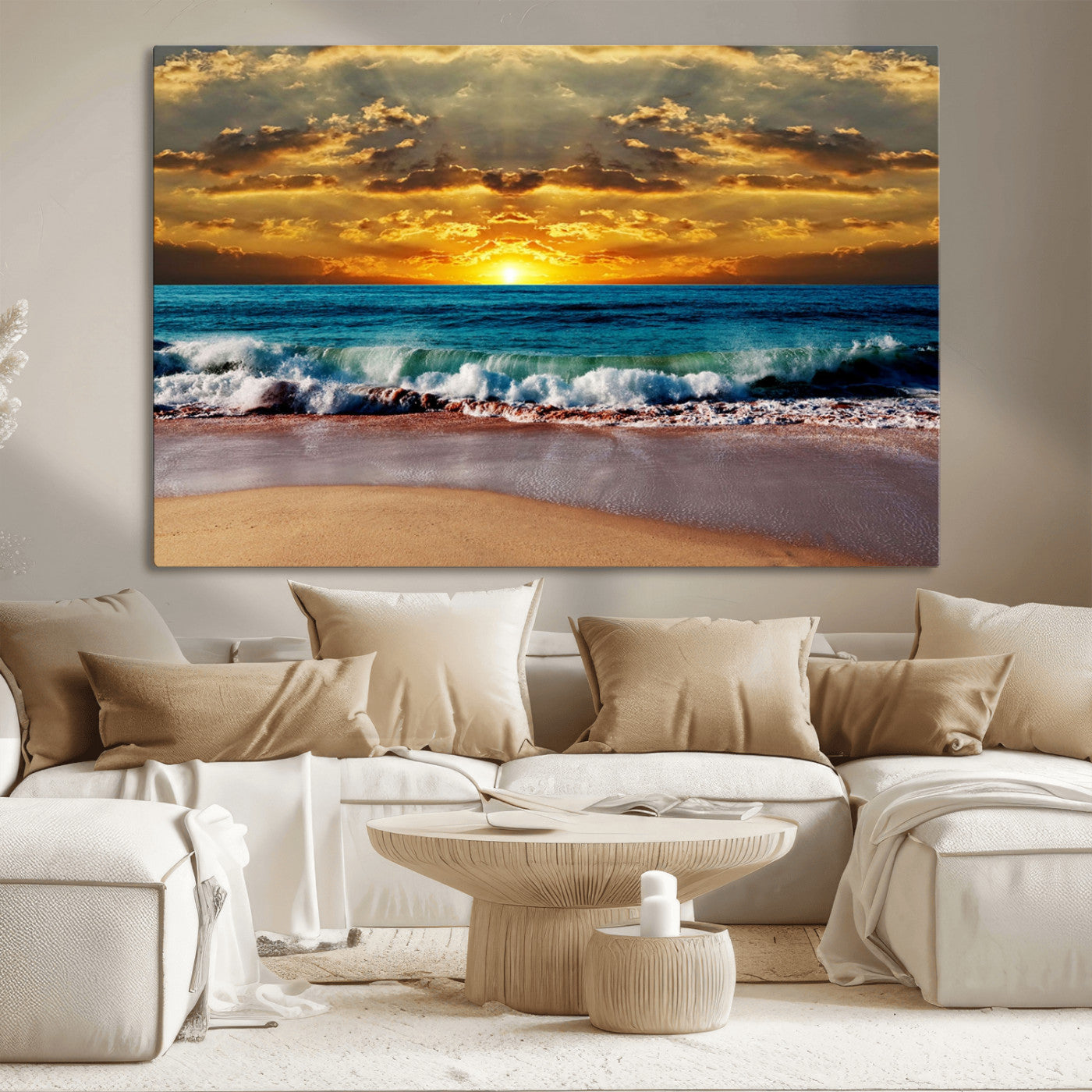 MGV-CV-36X24 - Ocean Sunrise Over Golden Beach Waves, Giclee Canvas Wall Art Set, High-Quality Stretched Canvas Print, Ready to Hang Coastal Sunset Wall Decor