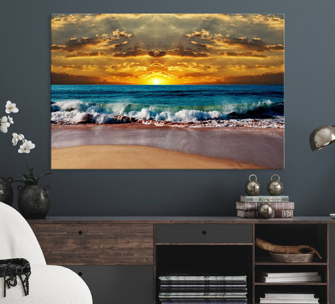 The Ocean Sunrise Over Golden Beach Waves wall art is prominently displayed, capturing the serene beauty of a beach at sunrise.