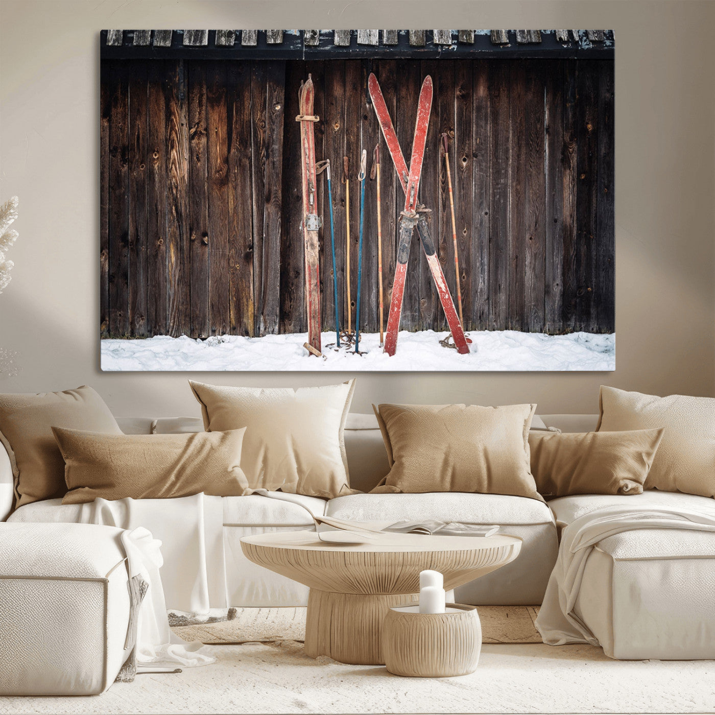 MGV-CV-36X24 - Vintage Ski Gear Against Wooden Cabin Wall, Rustic Winter Sports Equipment Canvas Print, Ready to Hang Wall Art, Perfect for Lodge or Ski Cabin Decor