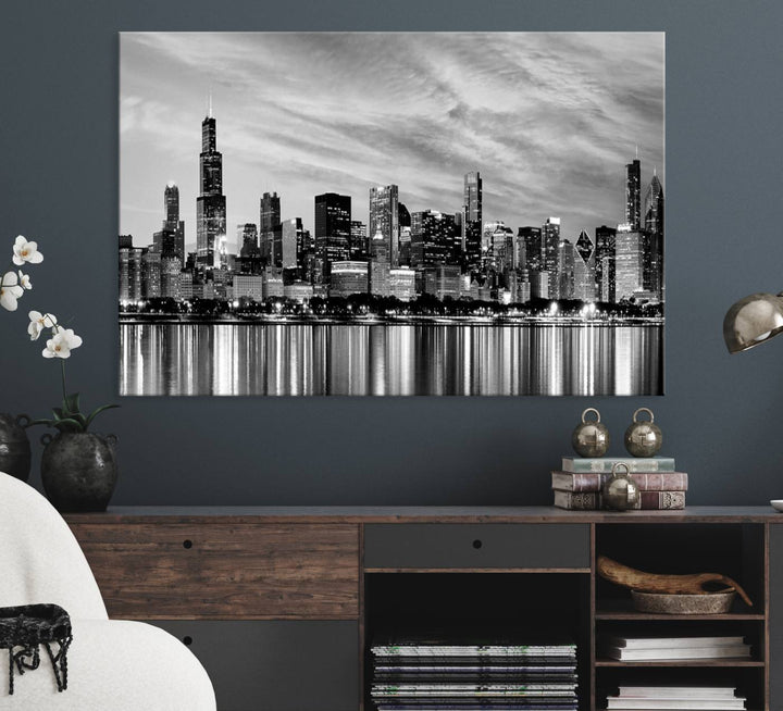 The Chicago City Cloudy Skyline Canvas Print hangs prominently.