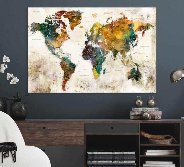 A 3-panel vintage world map canvas art is displayed.