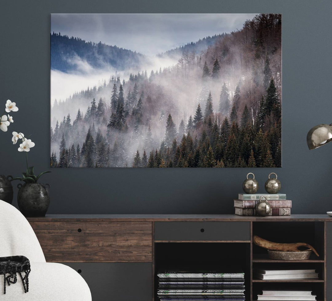 A museum-quality canvas of Beautiful Rising Fog in Winter Mountain Landscape hangs on the wall.