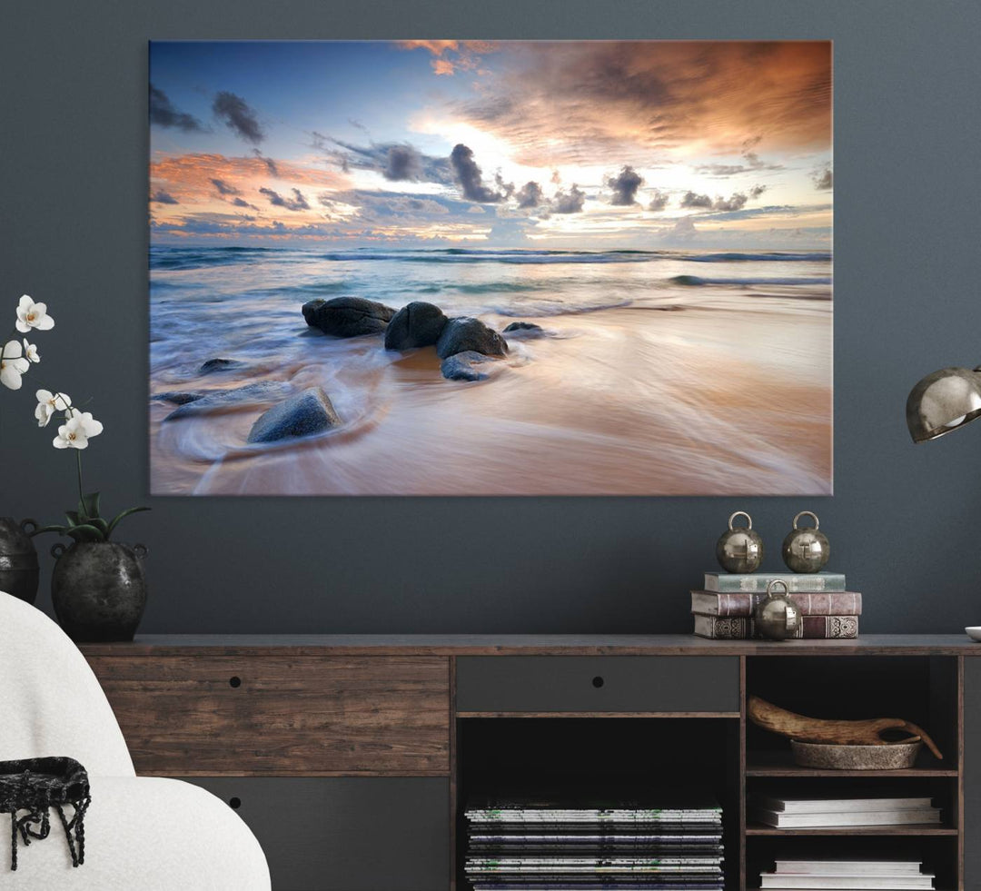 The Serene Weather On The Beach wall art canvas is ready to hang.