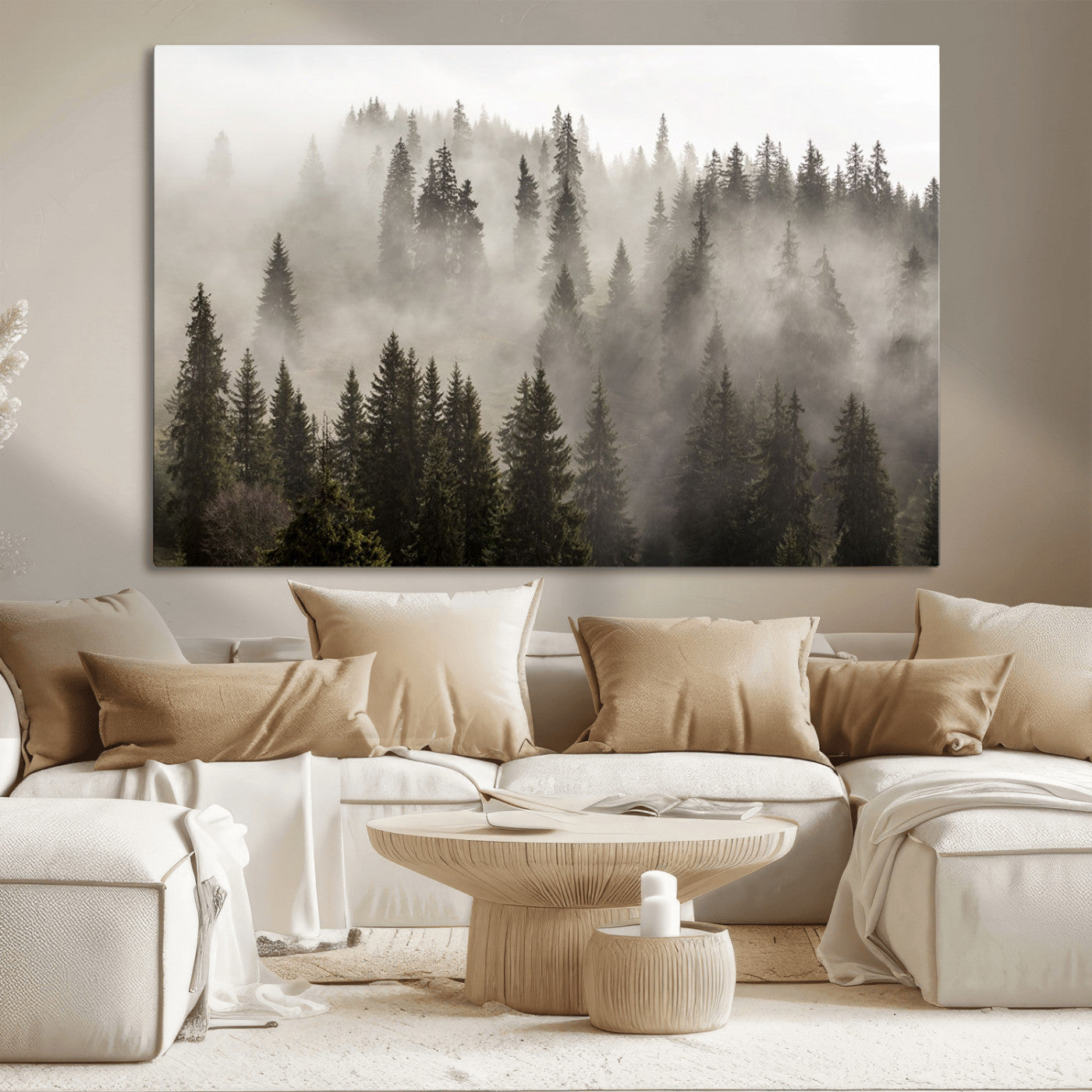 MGV-CV-36X24 - Foggy Mountain Wall Art | 3-Panel Foggy Forest and Mountain Landscape | Large Giclee Print for