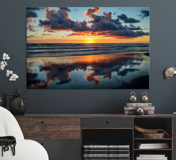 A Beach Sunset Print - Stunning Ocean Canvas Artwork adorns the wall.