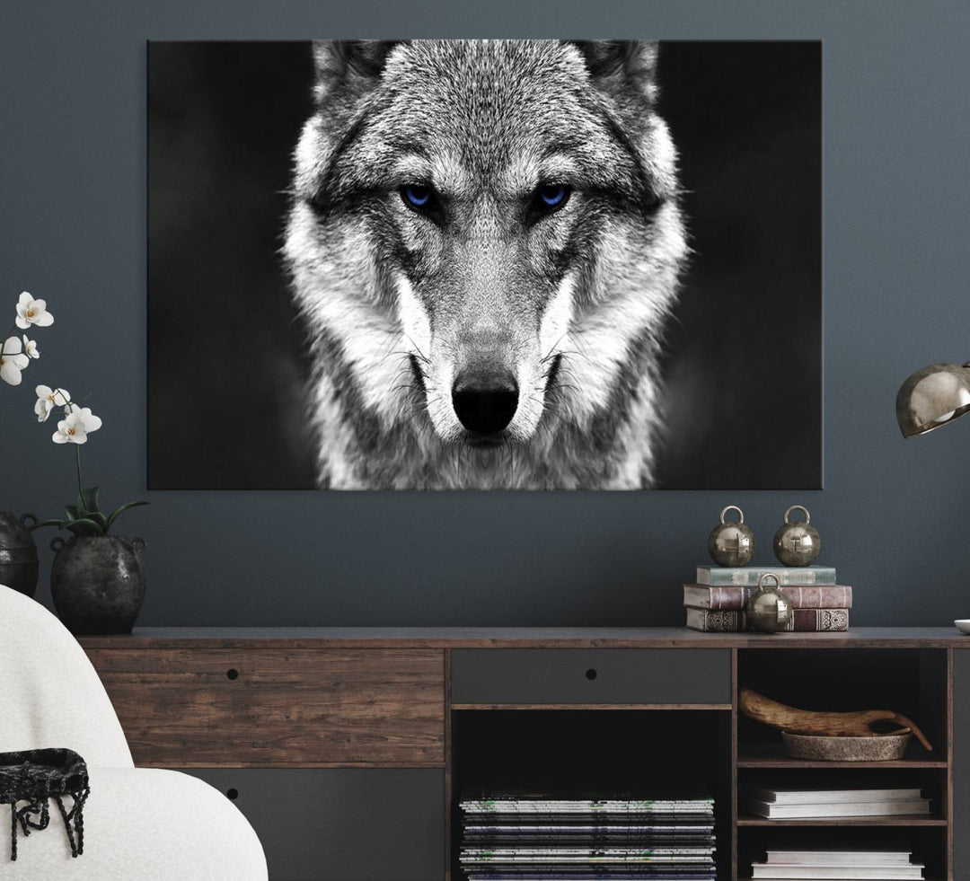 A ready-to-hang Black and White Wild Wolf Wall Art Canvas Print.