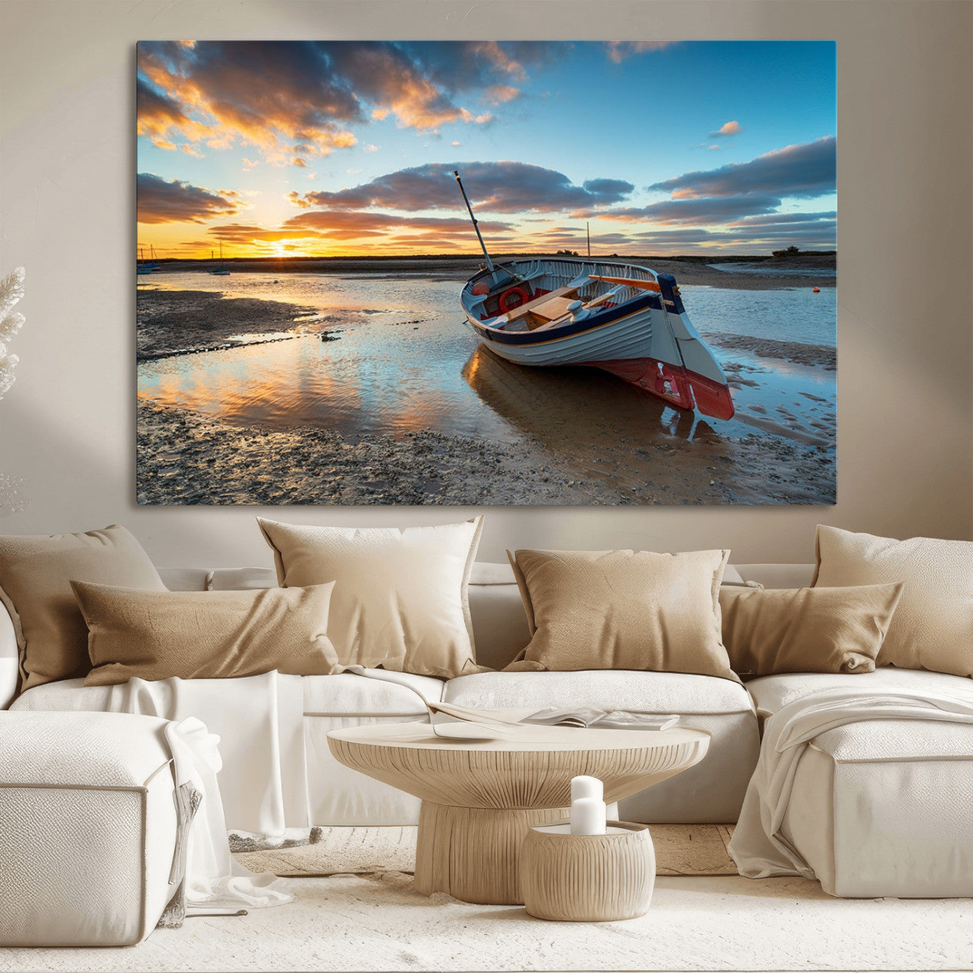 MGV-CV-36X24 - Small Boat At The Beach Sunset Wall Art Canvas Print