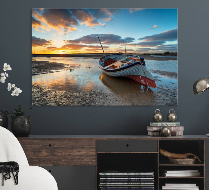 The Small Boat At The Beach Sunset wall art canvas print features UV coating, is museum-quality, and is ready to hang.