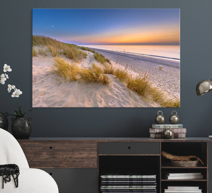 The cozy kitchen features the Sunrise On The Beach canvas art.