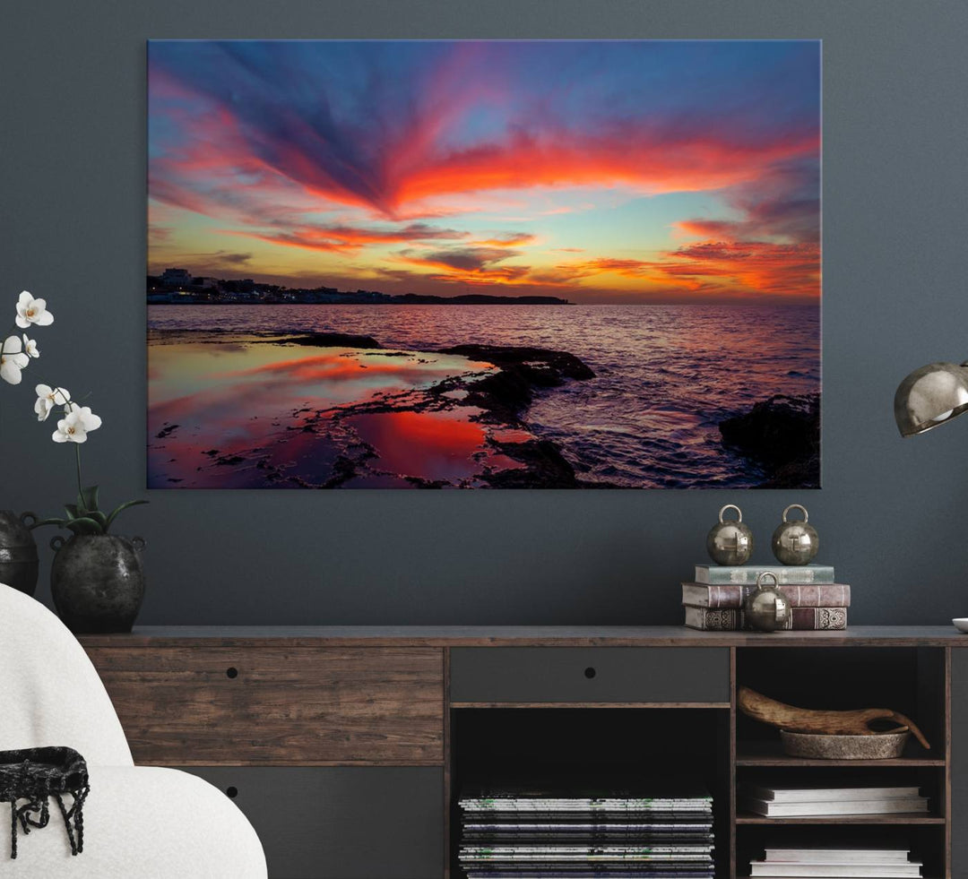 The Glorious Sunset on The Beach canvas print adorns the dining room.