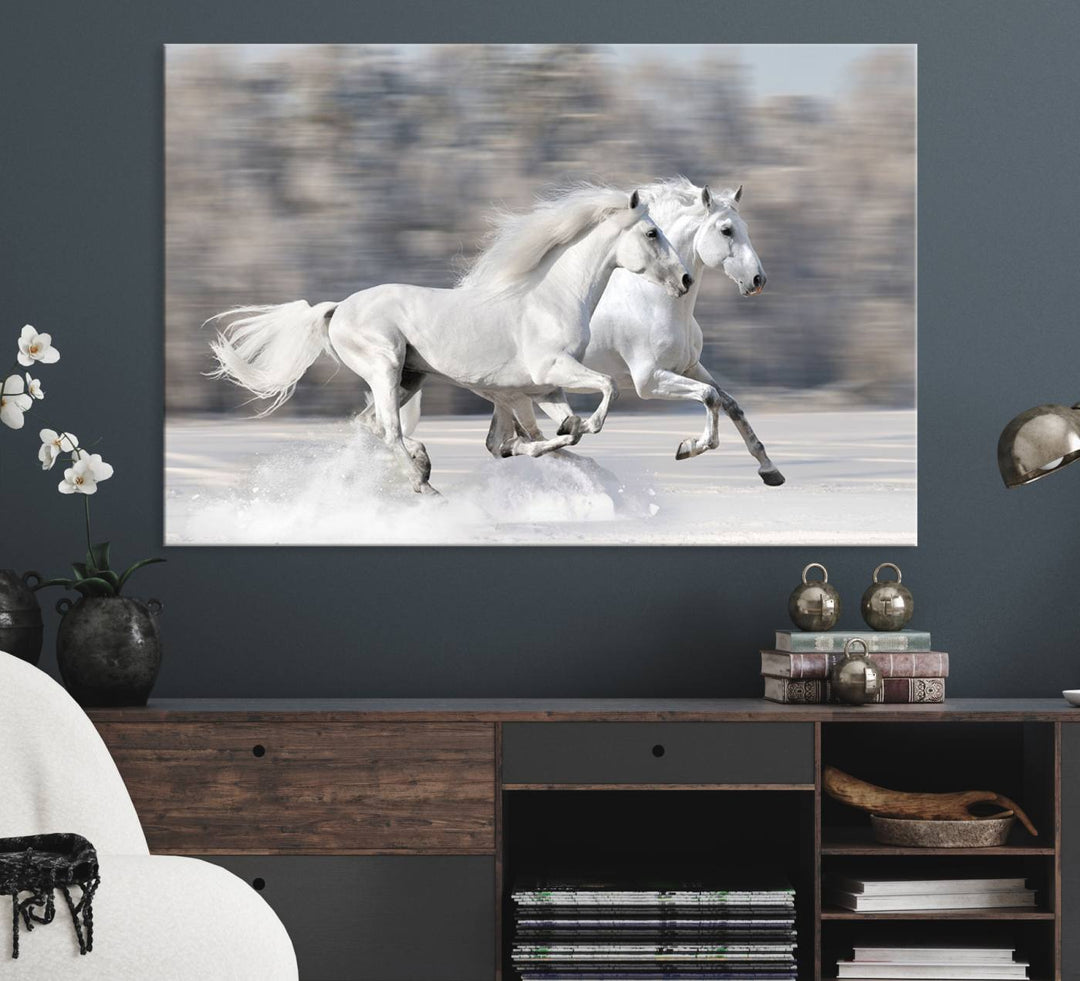 Museum-quality All The White Horses canvas print of two white horses in snow, ready to hang.