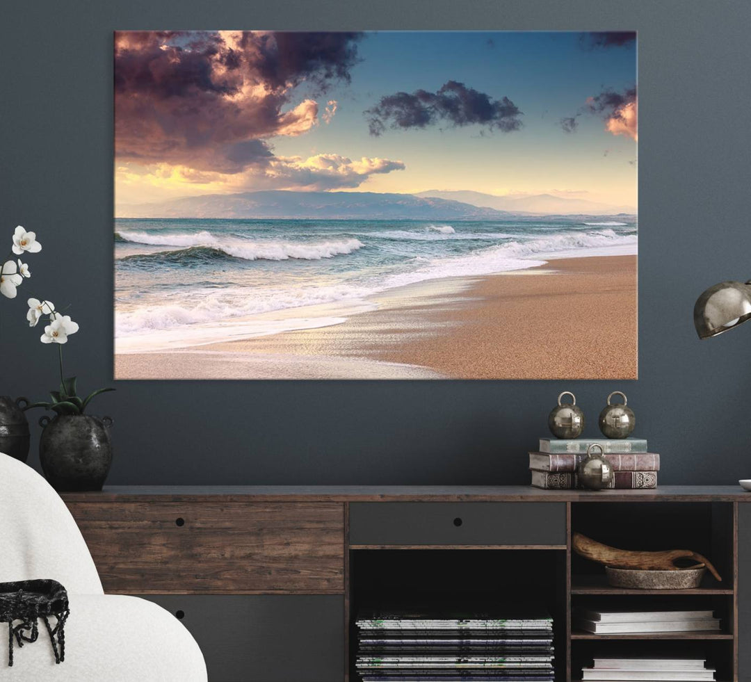 The dining area is enhanced with the Cloudy Weather Beach Sunset Canvas Print.